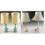 Group of four lamps, including: two antique satin glass lamps, 21" H; two classical lamps, including