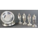 Sterling pieces to include: set of eight (8) side plates, 6" diameter; two (2) pair of salt and