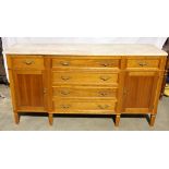 20th century marble-top six-drawer chest, 34" H x 64" W x 19 1/2" D. Provenance: Millis,