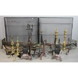 Fireplace accessories, brass and/or cast iron, to include: six (6) pair of andirons including one