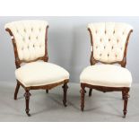 Pair of 19th century French style side chairs, walnut with beige upholstery, with casters on front