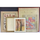 Five (5) pieces of art to include: Greek print, signed indistinctly and dated '1968', 18 1/2" x