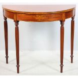 Circa 1900 mahogany demilune card table with inlay, brass plaque marked 'Paine Furniture Co. Boston,