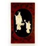 19th century Japanese Meiji period lacquered wall plaque, with carved bone geisha girls, 23 7/8" H x