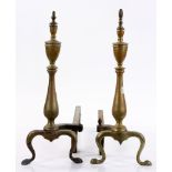 Near pair of early 20th century andirons, brass, 20" H. Provenance: Beverly, Massachusetts