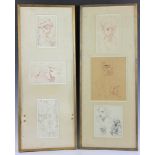 Pair of Conger Metcalf pen drawings, interiors and portraits, unsigned, framed 21 1/4" x 12 3/4".