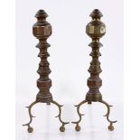 Pair of early 19th century Federal andirons, brass, 19" H. Provenance: Beverly, Massachusetts