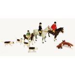 Beswick Huntsman, Huntswoman on Grey & Girl on Skewbald Pony, 4 Hounds & 2 Foxes (9)