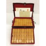 Late C19th Mah Jong Set with bone & bamboo pieces, 4 trays, die etc. in leather case with