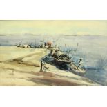 C20th Watercolour African Coastal Scene Fisherman with small boats by Syed Hassan Mohammed Titled