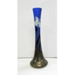 Art Glass Vase decorated with flowering iris on textured blue ground, monogrammed GR Rafal