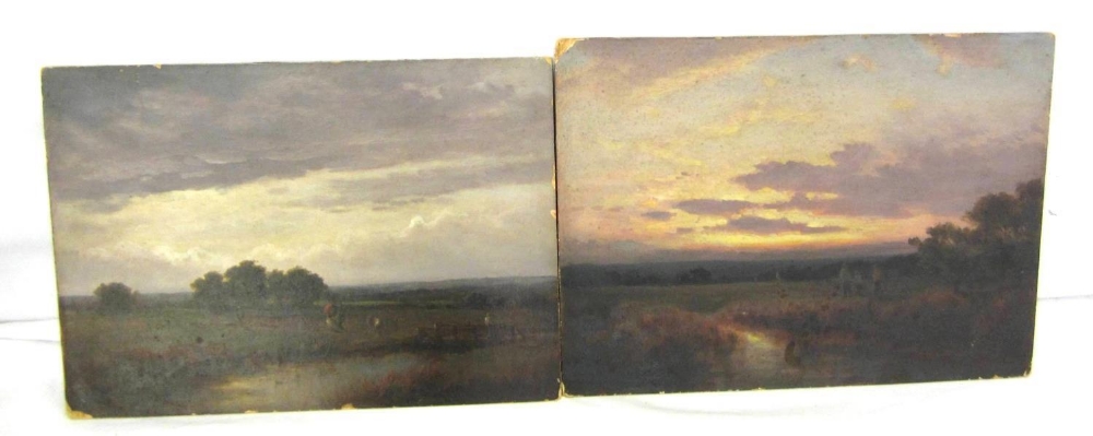 Pair Late C19th Oils on Board River Scenes 'Sunset At Handown & 'Near Hendon' with figures in open