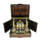 French Marquetry Rosewood Liquor Cabinet with bi-fold hinged panels with hinged sides containing 4