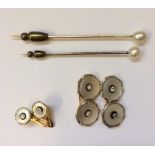 Set 9ct Gold & Diamond Mother of Pearl Dress Stud & Buttons & 2 Pearl Stick Pins