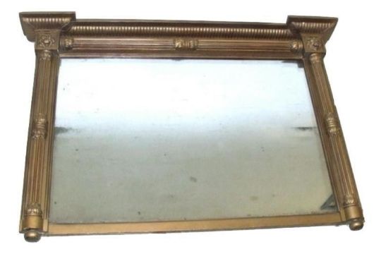 C19th Overpainted Gilt Over Mantel Mirror with plain plate, fluted & carved columns & surround