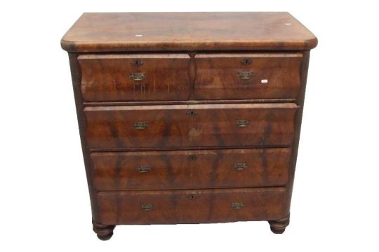 Continental Flame Mahogany Chest of 2 Short & 3 Long Drawers with bombe shaped fronts, brass