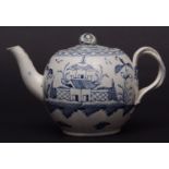 Pearl ware teapot and cover with double interlaced handle, painted in blue with Chinoiserie