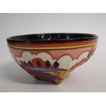 Boxed Old Tupton ware Clarice Cliff design bowl with secrets style design with a black interior,