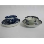 Late 18th century English pearlware blue printed tea bowl and saucer, and a further similar example,