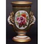 Ridgeway spill vase of U shape, painted with flowers on a green ground with tooled gold handles,