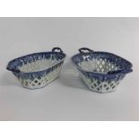 Pair of 19th century blue and white printed chestnut baskets with open work sides, two handles and