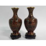 Pair of 20th century cloisonne vases with brown ground and floral detailing, raised on two turned