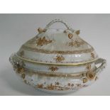 Herend oval two-handled tureen with a brown basket floral design, raised floral detail, pattern No