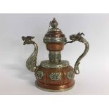 Persian copper and brass kettle with dragon head spout and handle, with pressed detail throughout,