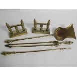 Pair of brass andirons together with poker, tongs and shovel, (5)