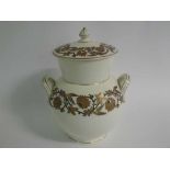 19th century Oriental ivory two-handled pot and cover with gilded floral design border, matching lid