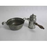 Pewter two-handled circular bowl with London touch mark and a further unmarked chocolate pot with