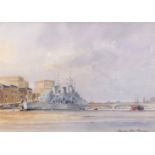 AR Dennis John Hanceri, R.S.M.A (born 1928, BRITISH) HMS Belfast, London Attraction watercolour,