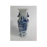 19th century Chinese hexagonal blue and white painted vase in typical scenes with calligraphy