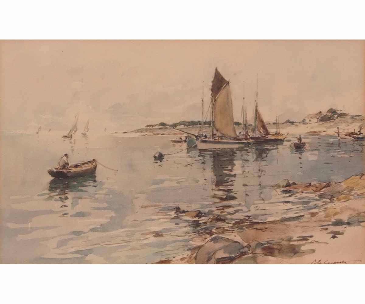 Paul Emil Lecomte (1877-1950, French) Coastal scene with fishing boats, pen, ink and watercolour,