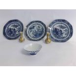 Three 19th century blue and white Chinese export plates with typical scenes, together with a further