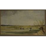 Jason Partner, signed and dated '73, watercolour, Norfolk landscape with cattle, 9 x 16ins