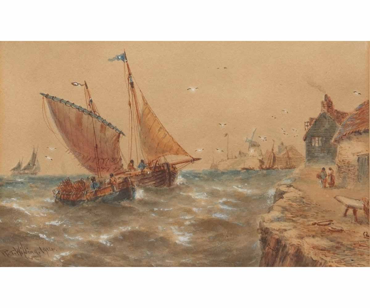 Robert Thornton Wilding, signed and dated 1914, watercolour, Fishing boats off a harbour, 6 1/2 x