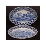 Pair of Spode Pearl ware oval stands with pierced rims, painted with pastoral scenes in blue,