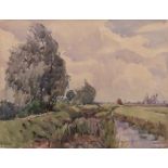 *Rowland Fisher, ROI, RSMA (1885-1969, British) Norfolk Landscape watercolour, signed lower left 8