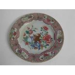 19th century famille vert plate with puce panelled border and painted floral and birds centre (