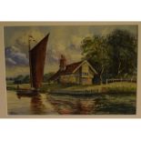 Robert Mallett, initialled watercolour, River scene with Wherry passing a cottage, 7 x 10 1/2 ins