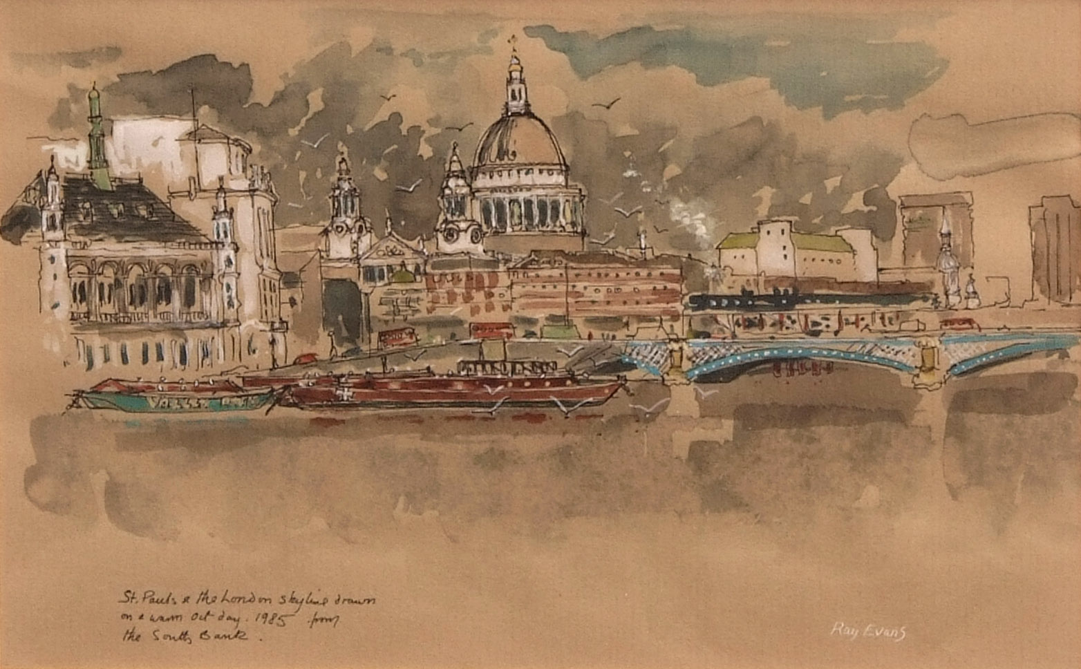 *Ray Evans (1920-2008, British) "St Paul's and the London skyline" pen, ink and watercolour,