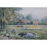 *Henry John Sylvester Stannard, RBA (1870-1951, British) Garden scene with pond watercolour,