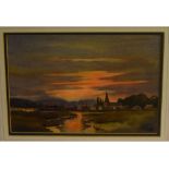 E J W Prior, signed watercolour, Village at sunset, 7 x 10 1/2 ins