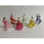 Six Royal Doulton figures: Stephanie HN2807, Millennium Celebration HN4201, Lauren HN3975, Hannah