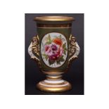 Ridgeway spill vase of U shape, painted with flowers on a green ground with tooled gold handles,