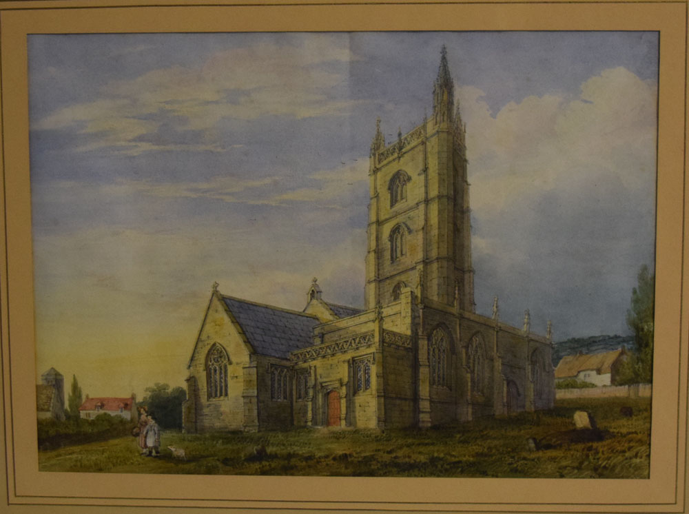 19th century English School, watercolour, Figures before a church, 10 x 14ins