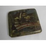 Japanese brass and enamelled cigarette case with decorative coloured scenes to front, back and