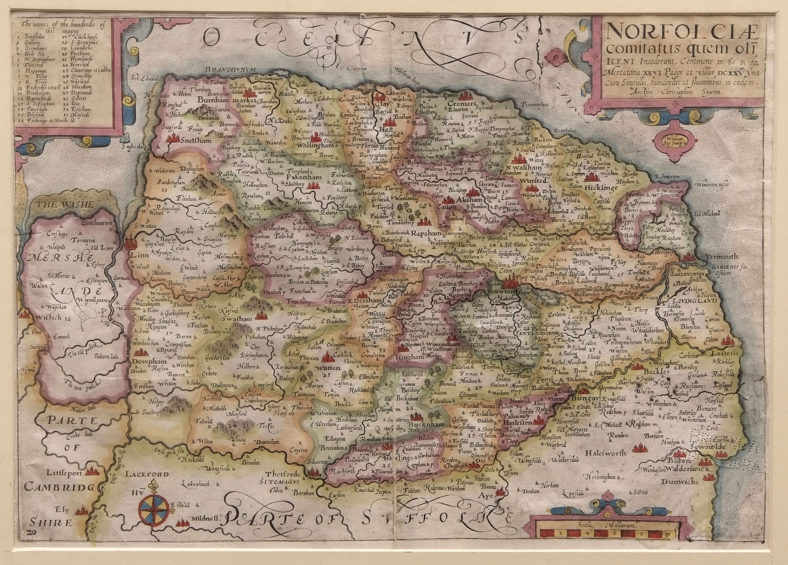 SAXTON/KIP: NORFOLCIAE COMITATUS [NORFOLK], engraved hand coloured map [1610], approx 265 x 385mm,