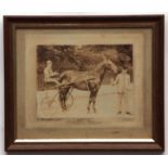 Early 20th Century photograph depicting a trotting race horse with cart attached and driver seated